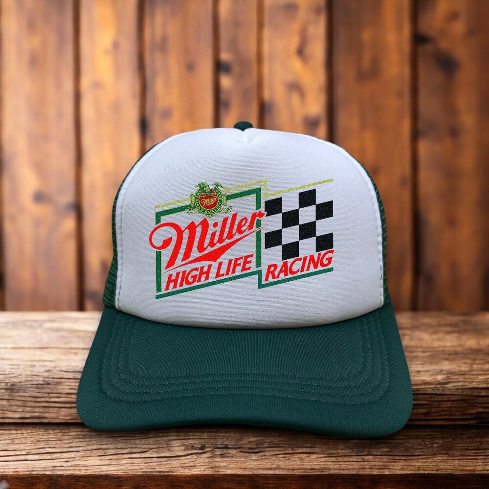 Miller High Life Racing Mens Trucker Hat Green Snapback Motorsport Vintage Cap - Picture 1 of 4